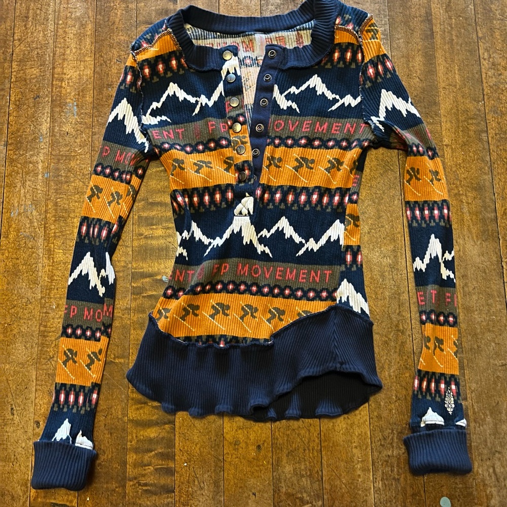 NWOT Free People Movement Navy and Orange Patterned Long Sleeve Top